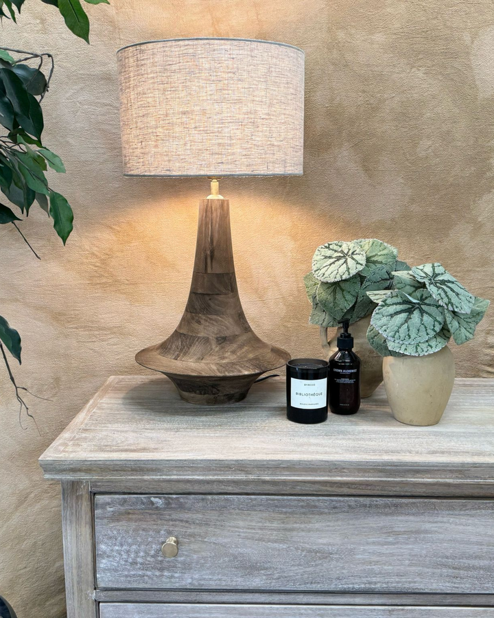 Mango Wood Table Lamp – Sculptural Design with Linen Shade