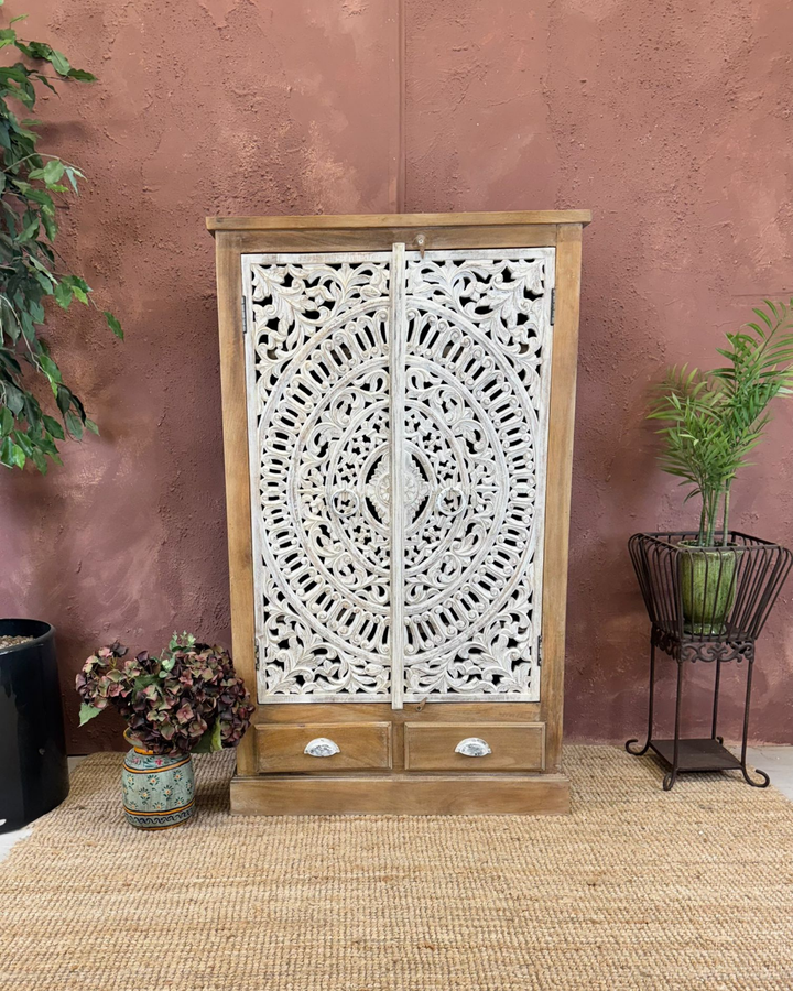 Hand-Carved Mango Wood 2-Door, 2-Drawer Cabinet with Whitewashed Detailing