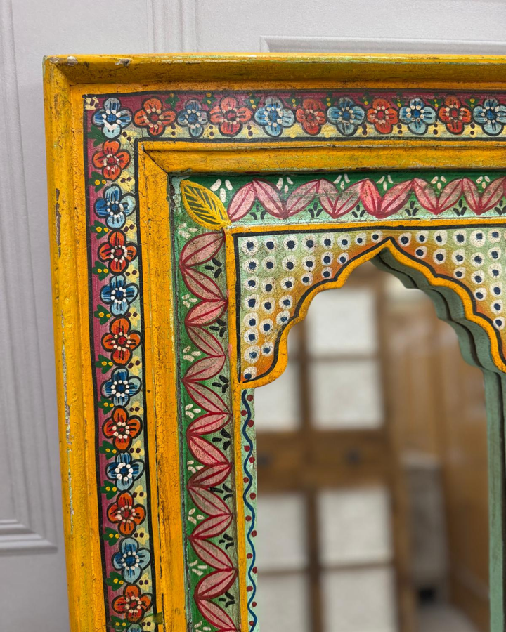 Large Hand-Painted Vintage Mango Wood Mirror – Floral Arched Frame