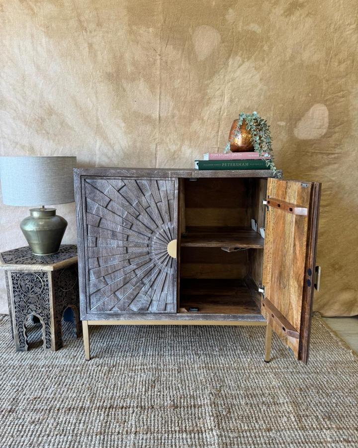 Sandblasted Mango Wood Sideboard – Rising Sun Pattern