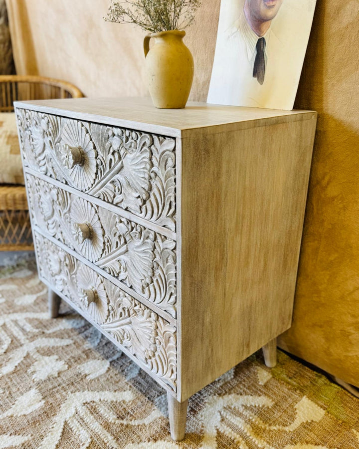 Hand-Carved Mango Wood Three Drawer Chest –Creamwash Finish