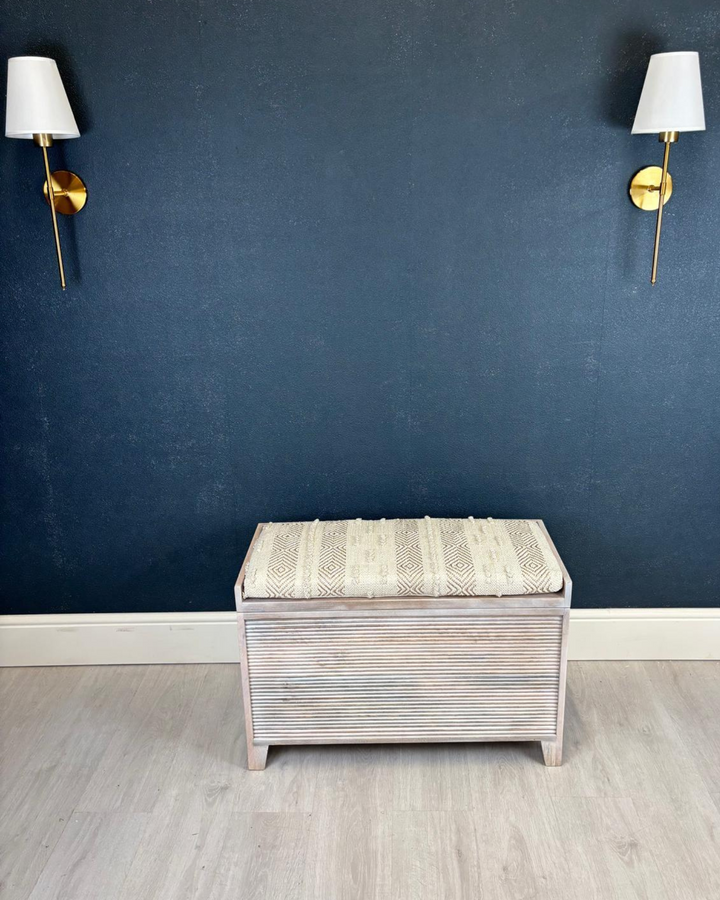 Small Mango Wood & Handwoven Geometric Cotton Ottoman Storage Bench