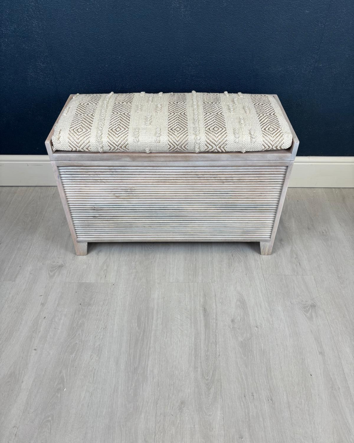 Small Mango Wood & Handwoven Geometric Cotton Ottoman Storage Bench