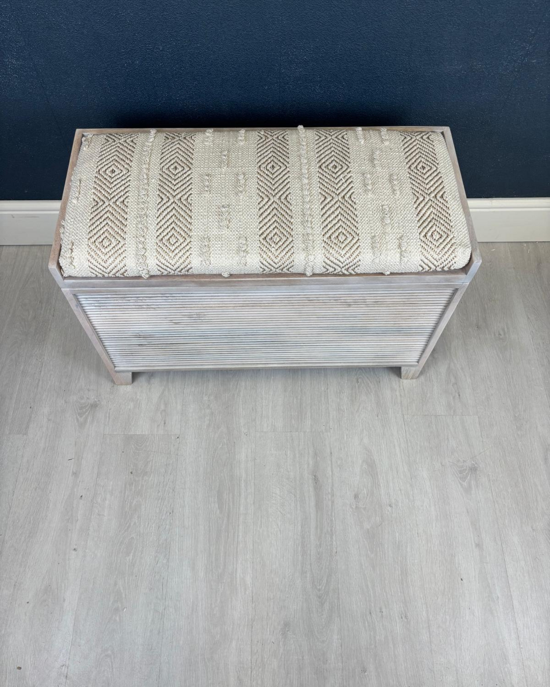 Small Mango Wood & Handwoven Geometric Cotton Ottoman Storage Bench