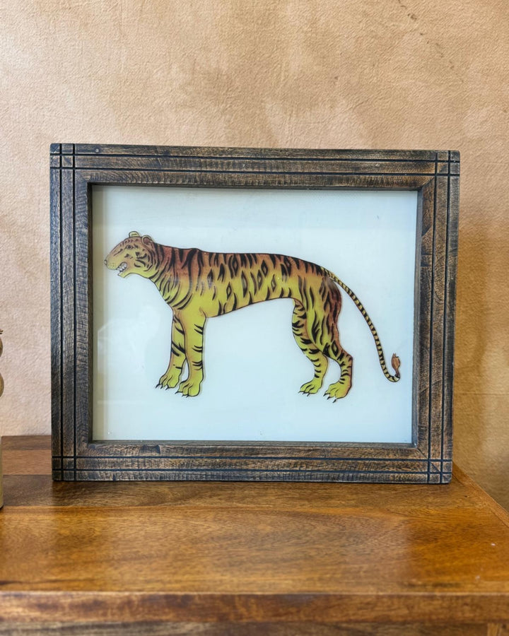 Hand-Painted Indian Reverse Glass Tiger Artwork – Mango Wood Frame (Natural Finish, 37 x 45cm)