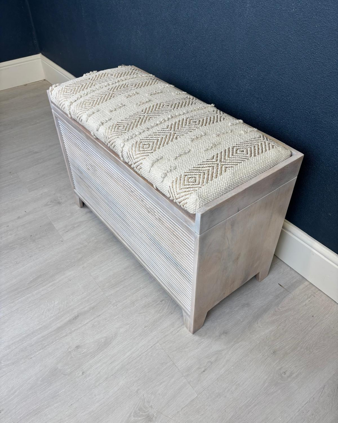 Small Mango Wood & Handwoven Geometric Cotton Ottoman Storage Bench