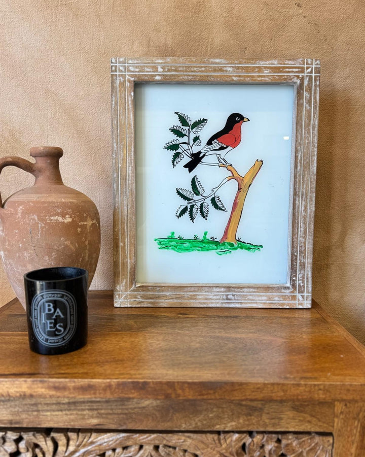 Hand-Painted Indian Reverse Glass Bird Artwork – Mango Wood Frame (Whitewashed, 37 x 45cm)