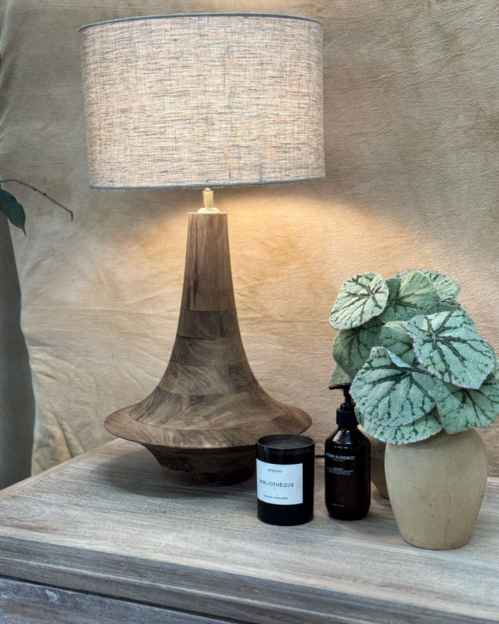 Mango Wood Table Lamp – Sculptural Design with Linen Shade