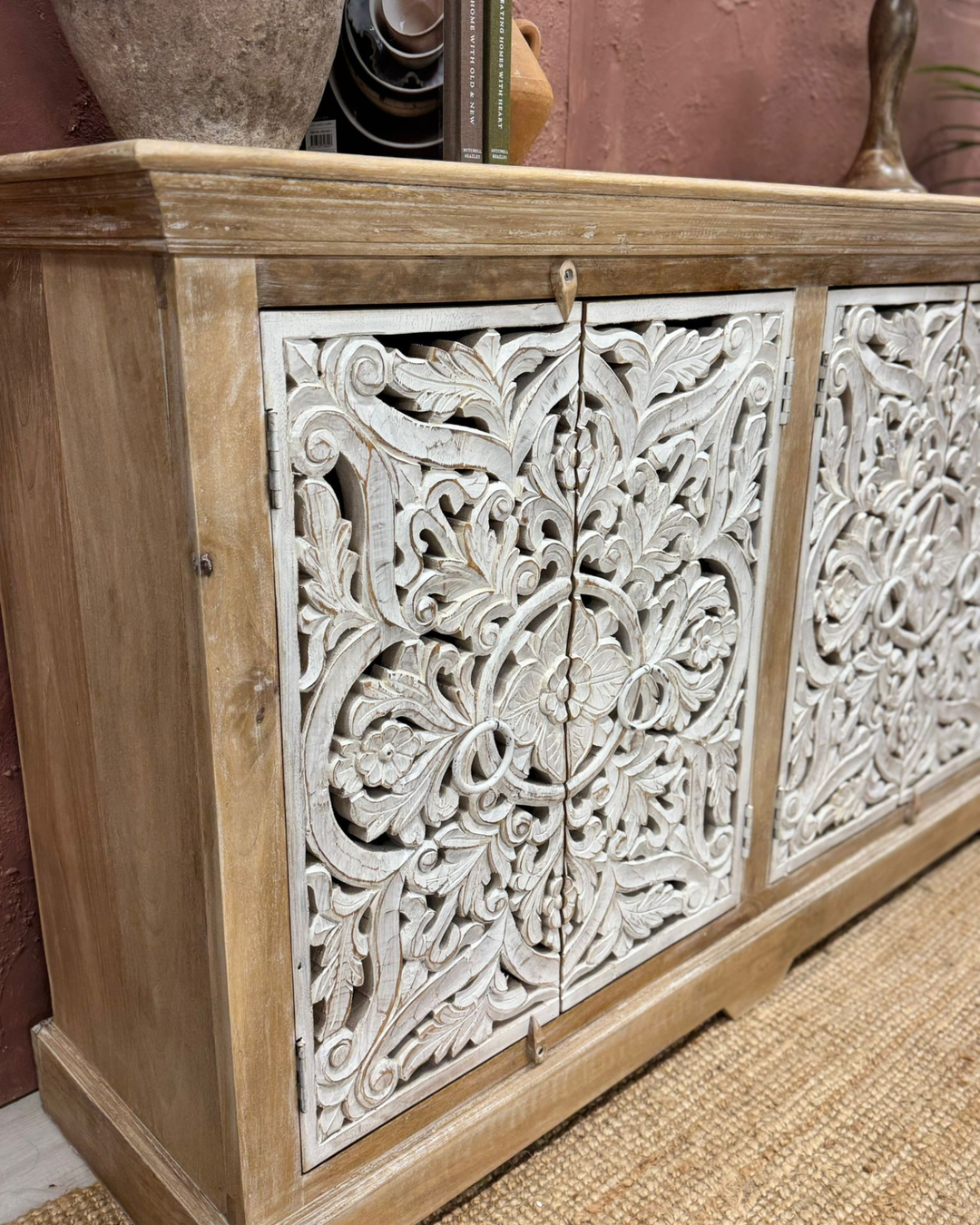 Hand-Carved Mango Wood Sideboard – Whitewashed Doors, Natural Mango Wood Finish