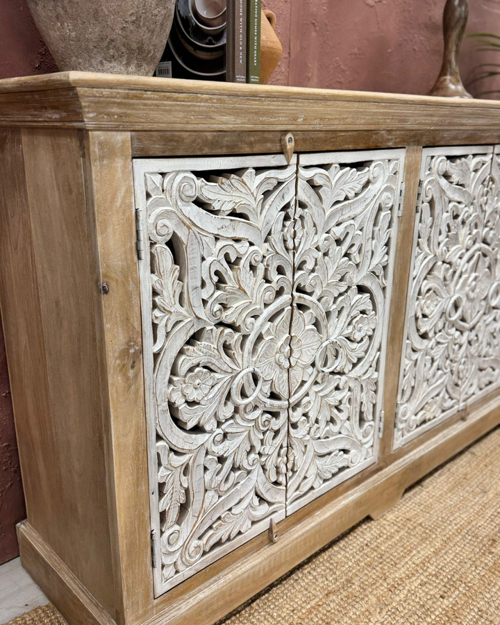 Hand-Carved Mango Wood Sideboard – Whitewashed Doors, Natural Mango Wood Finish