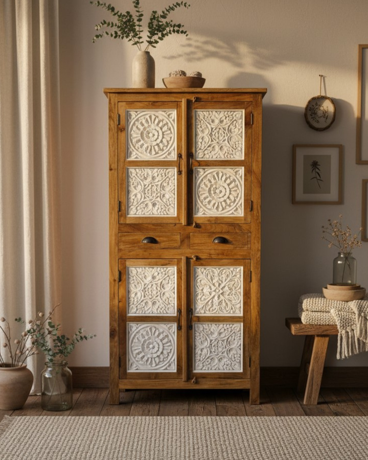 Mango Wood Four-Door Armoire – Whitewashed Carved Panels & Natural Polished Frame