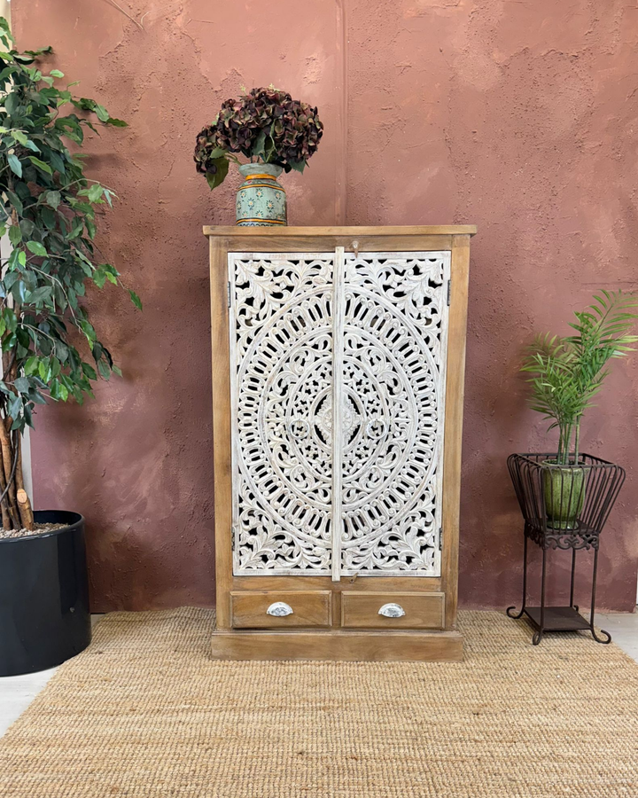 Hand-Carved Mango Wood 2-Door, 2-Drawer Cabinet with Whitewashed Detailing