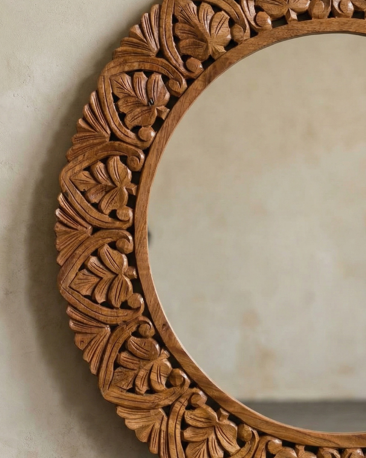 Hand-Carved Mango Wood Round Mirror – Natural Polished Finish with Foliate Border