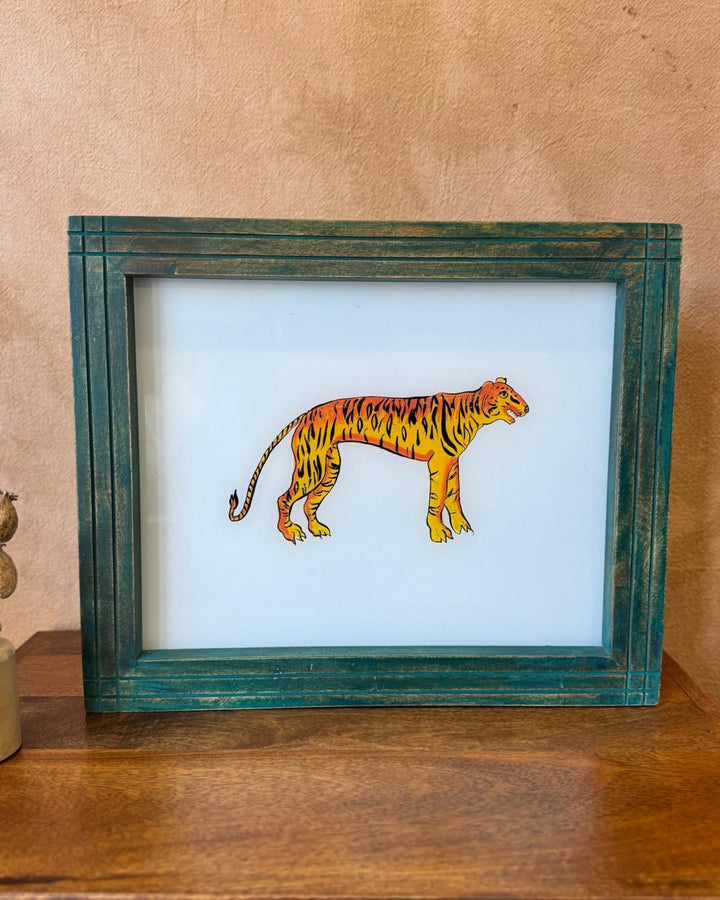 Hand-Painted Indian Reverse Glass Tiger Artwork – Mango Wood Frame (Teal Finish, 37 x 45cm)
