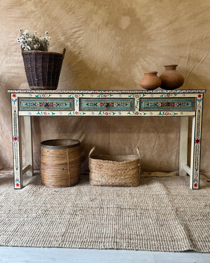 Hand-Painted Console Table – Turquoise & Cream Floral Motif with 3 Drawers