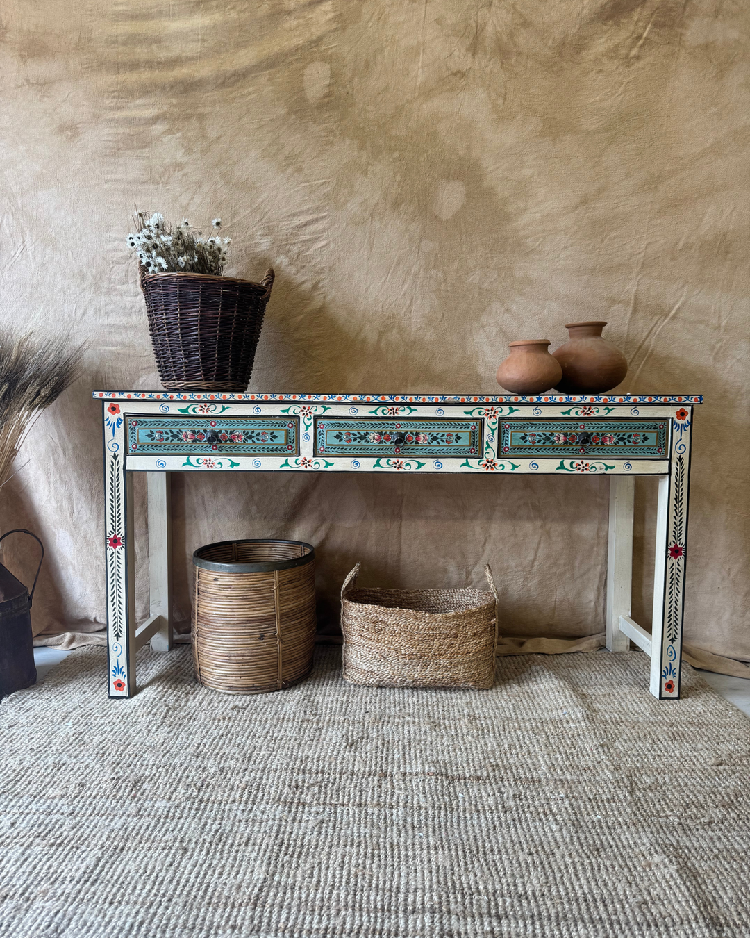 Hand-Painted Console Table – Turquoise & Cream Floral Motif with 3 Drawers