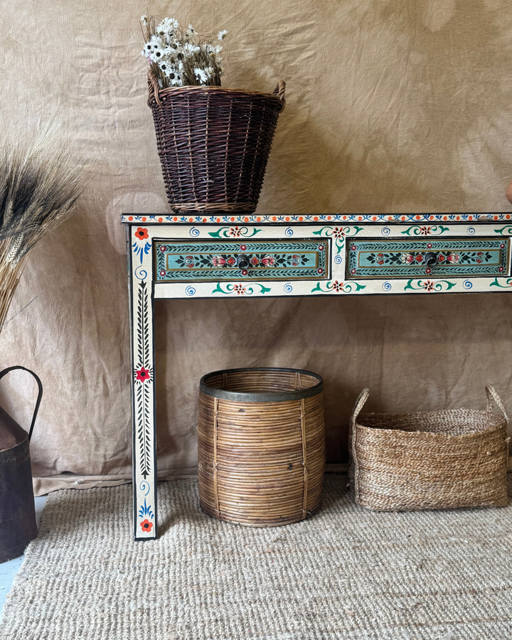Hand-Painted Console Table – Turquoise & Cream Floral Motif with 3 Drawers