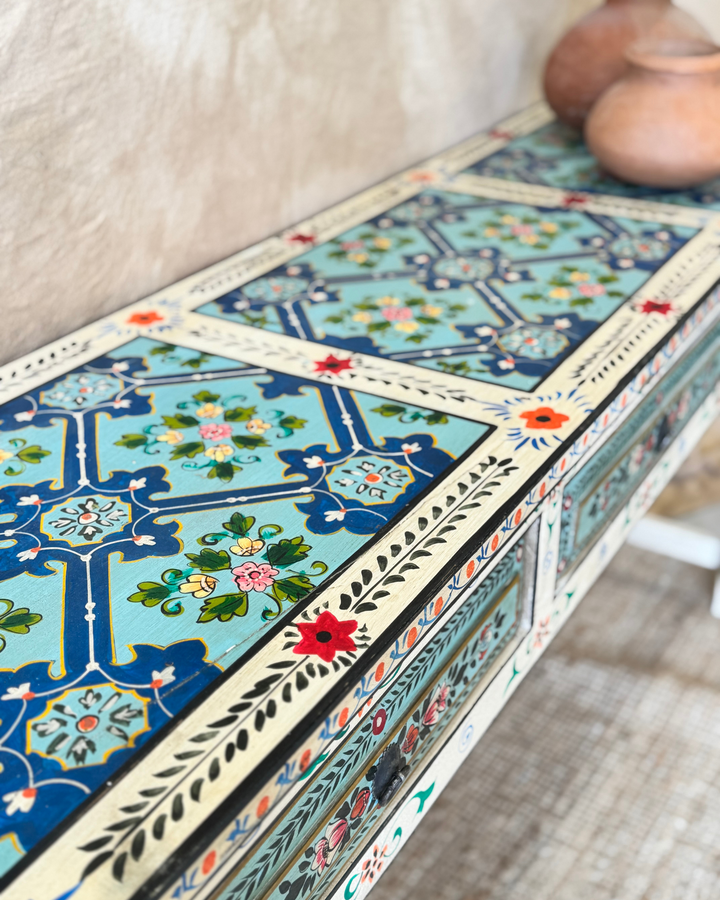 Hand-Painted Console Table – Turquoise & Cream Floral Motif with 3 Drawers