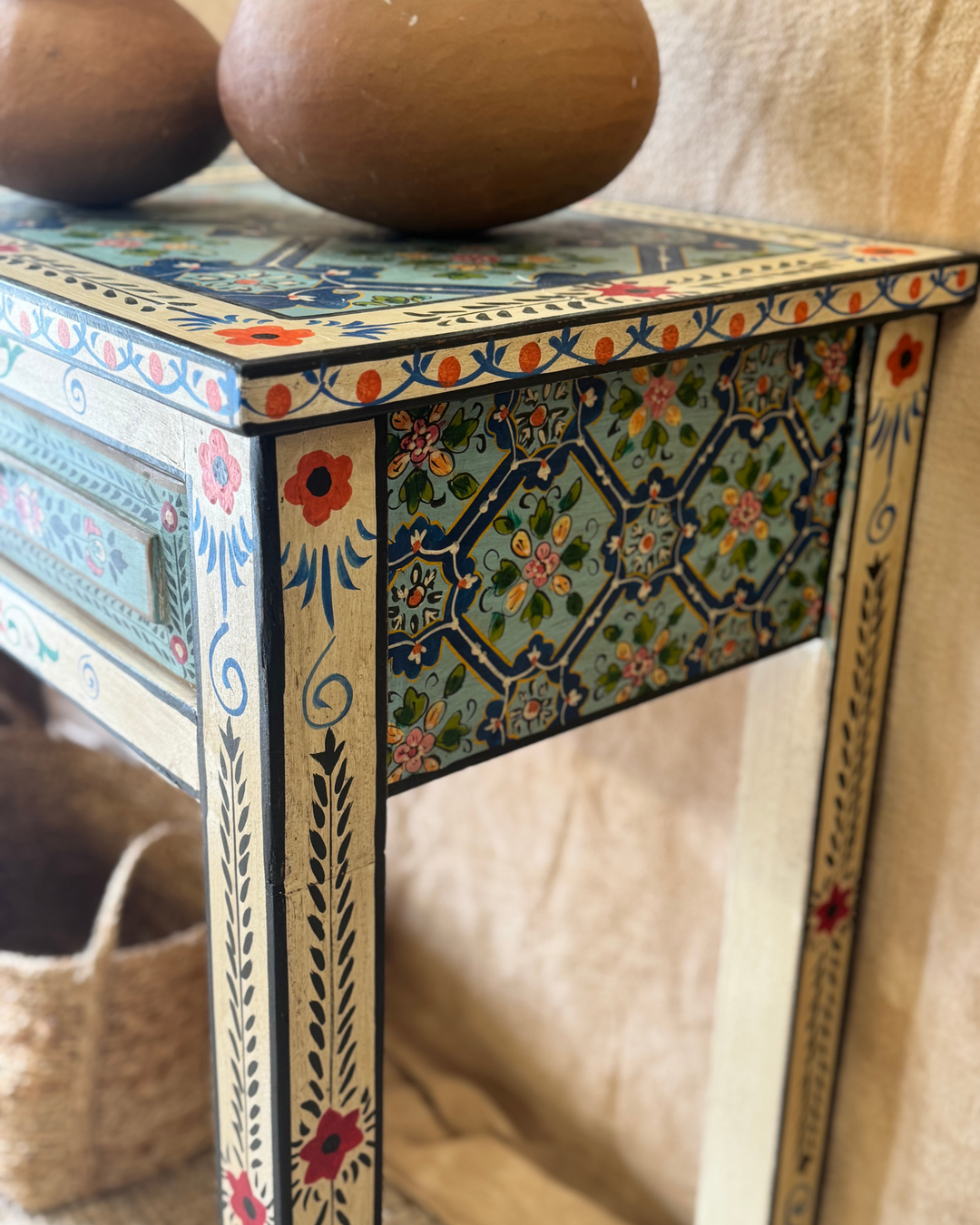 Hand-Painted Console Table – Turquoise & Cream Floral Motif with 3 Drawers