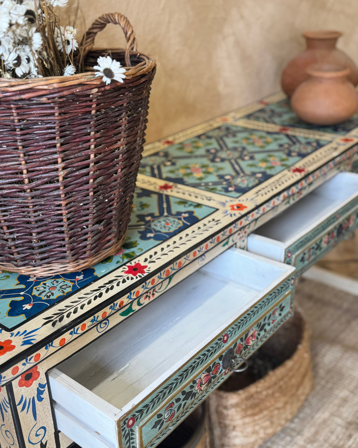 Hand-Painted Console Table – Turquoise & Cream Floral Motif with 3 Drawers