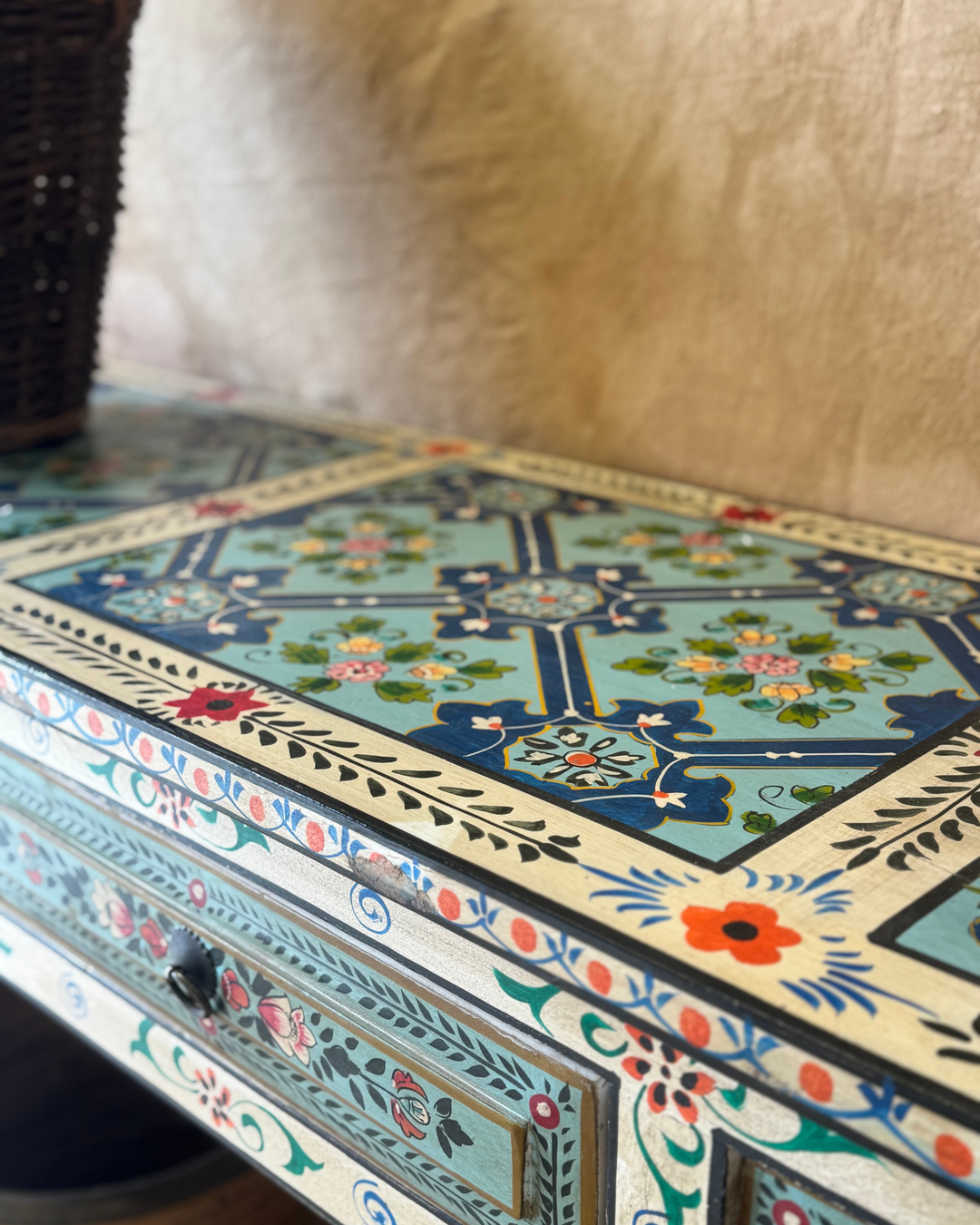 Hand-Painted Console Table – Turquoise & Cream Floral Motif with 3 Drawers