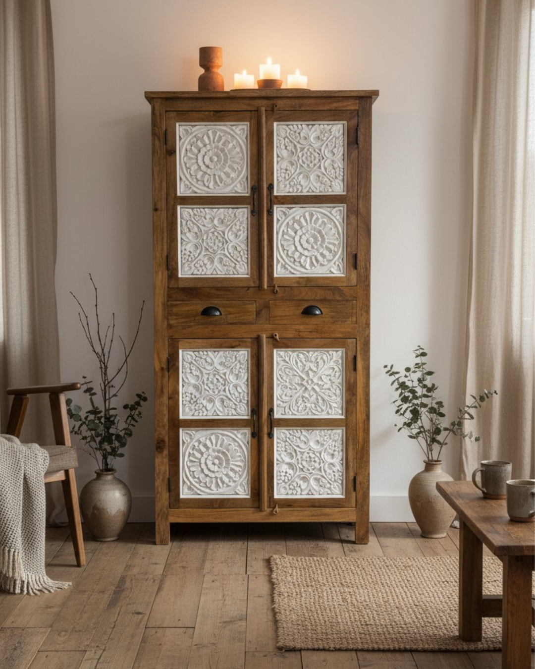 Mango Wood Four-Door Armoire – Whitewashed Carved Panels & Natural Polished Frame