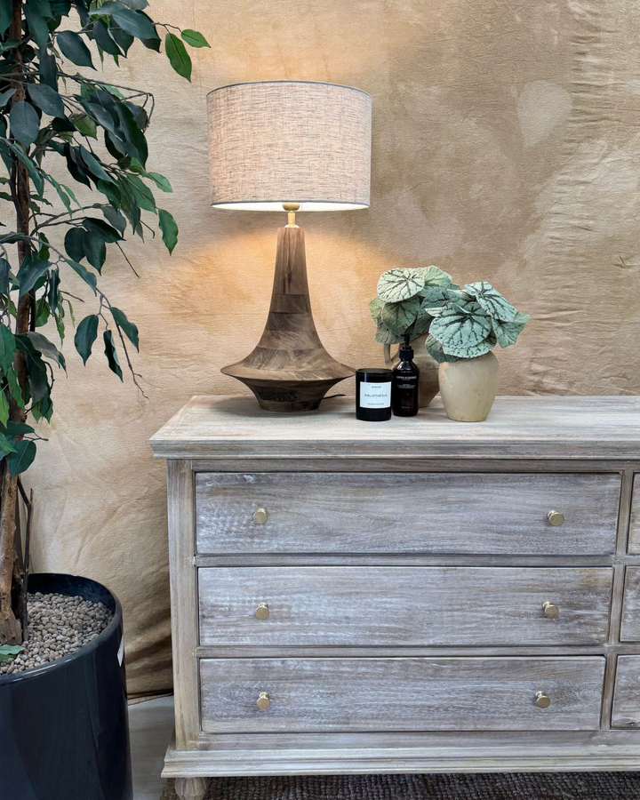 Mango Wood Table Lamp – Sculptural Design with Linen Shade