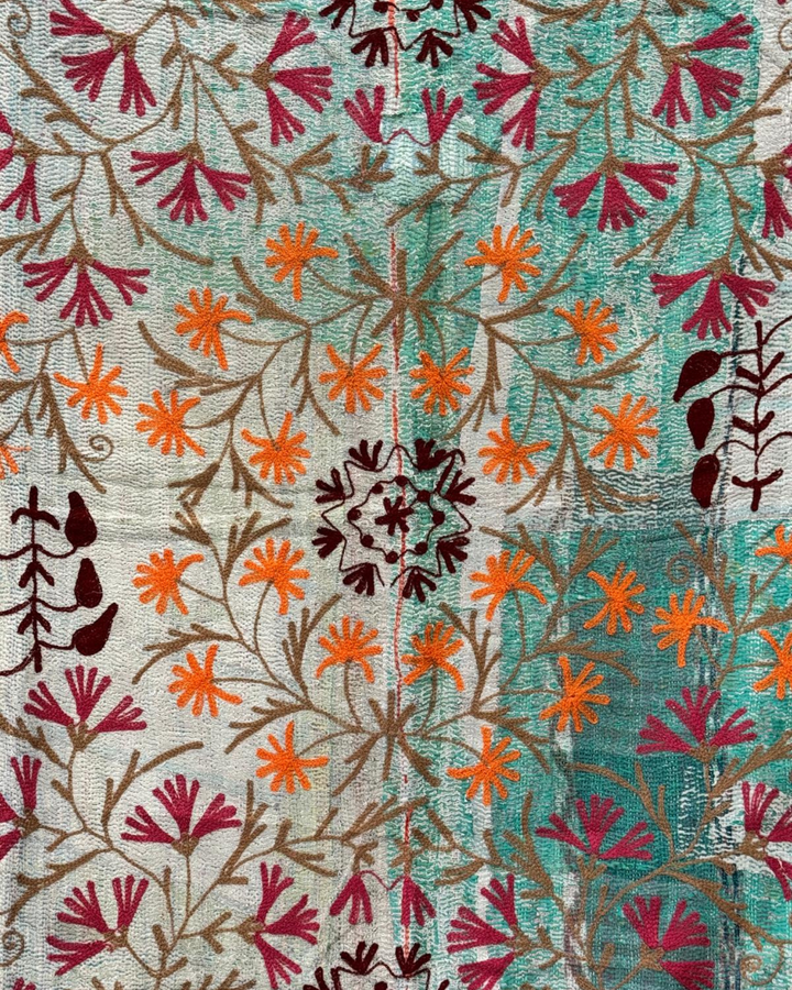 Vintage Hand-Embroidered Kantha Throw – Turquoise Sari with Royal Blue Reverse