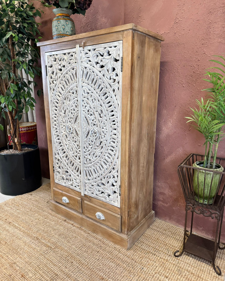 Hand-Carved Mango Wood 2-Door, 2-Drawer Cabinet with Whitewashed Detailing