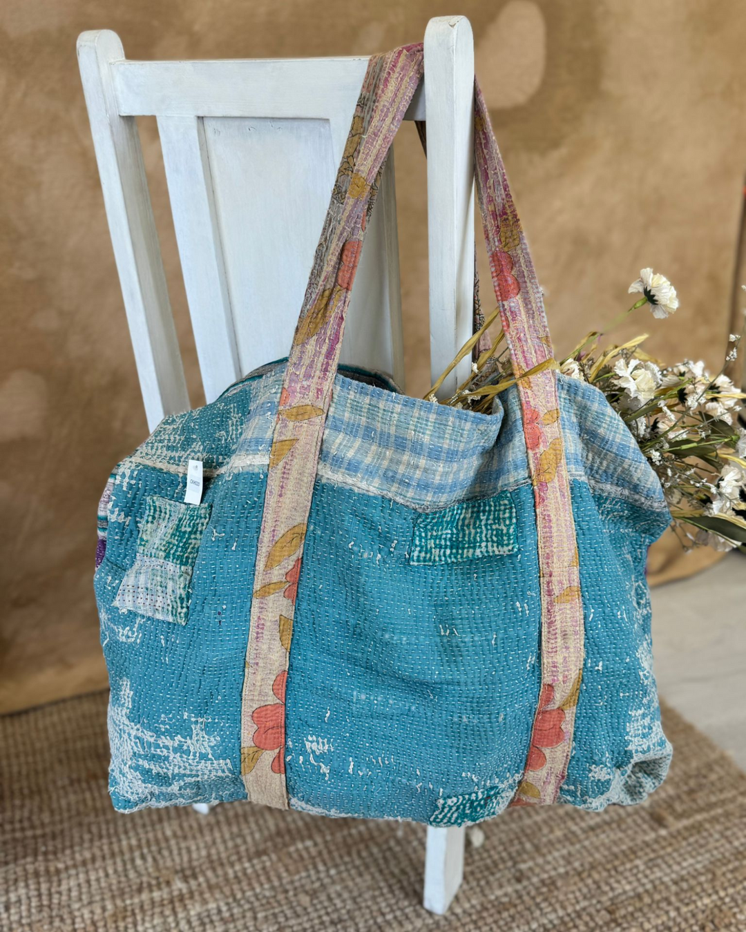 Handmade Upcycled Sari Tote Bag – Turquoise with Floral Straps | Multi-Purpose Everyday & Beach Bag