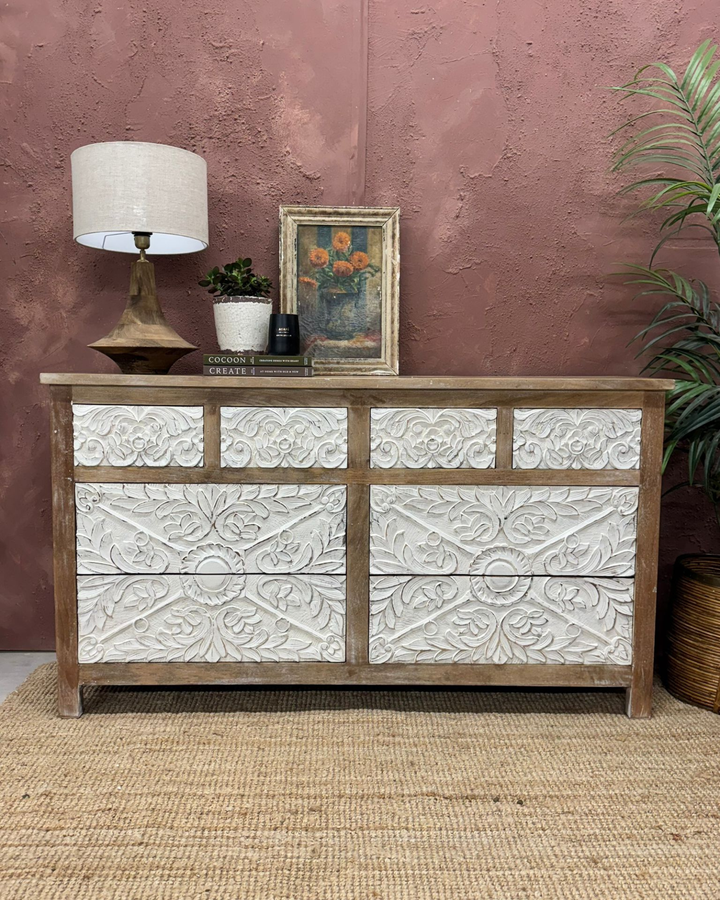 Hand-Carved Mango Wood Chest of Drawers – 8 Drawer Design with Whitewashed Drawers