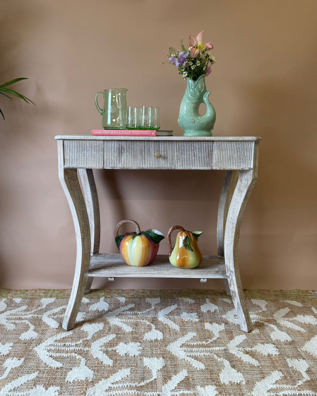Lightly Whitewashed Mango Wood Console Table with Drawer and Shelf