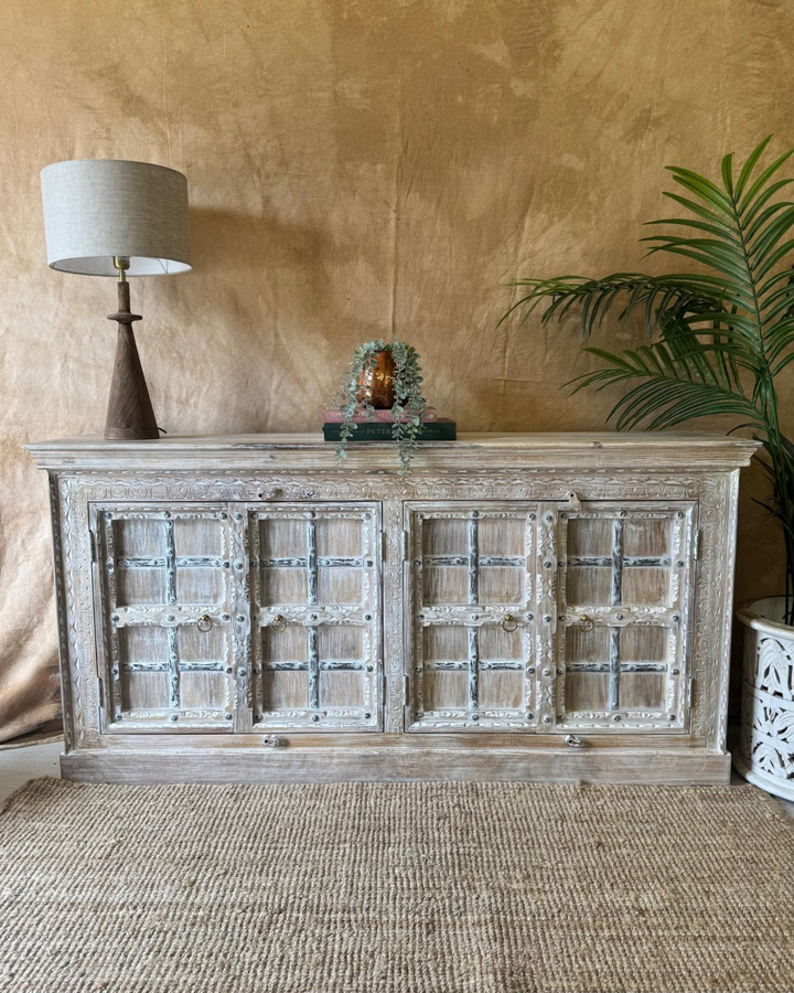 Hand-Carved Mango Wood Sideboard – Whitewashed with Metal Detailing