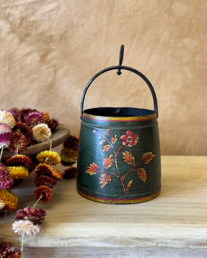 Hand-Painted Vintage Iron Pot – Reclaimed with Floral Motifs (Red or Green)