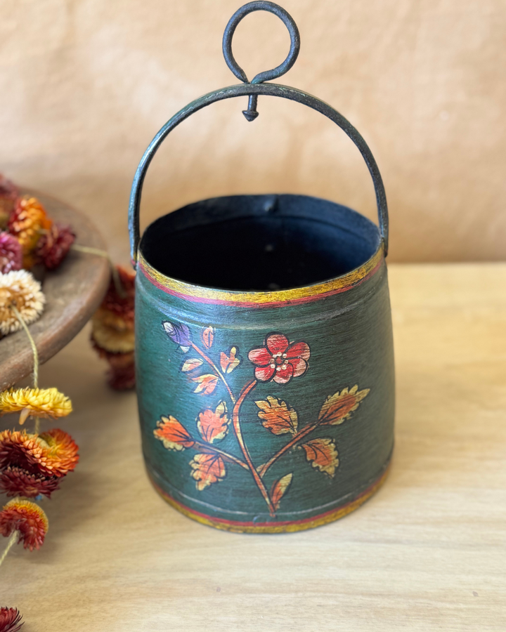 Hand-Painted Vintage Iron Pot – Reclaimed with Floral Motifs (Red or Green)