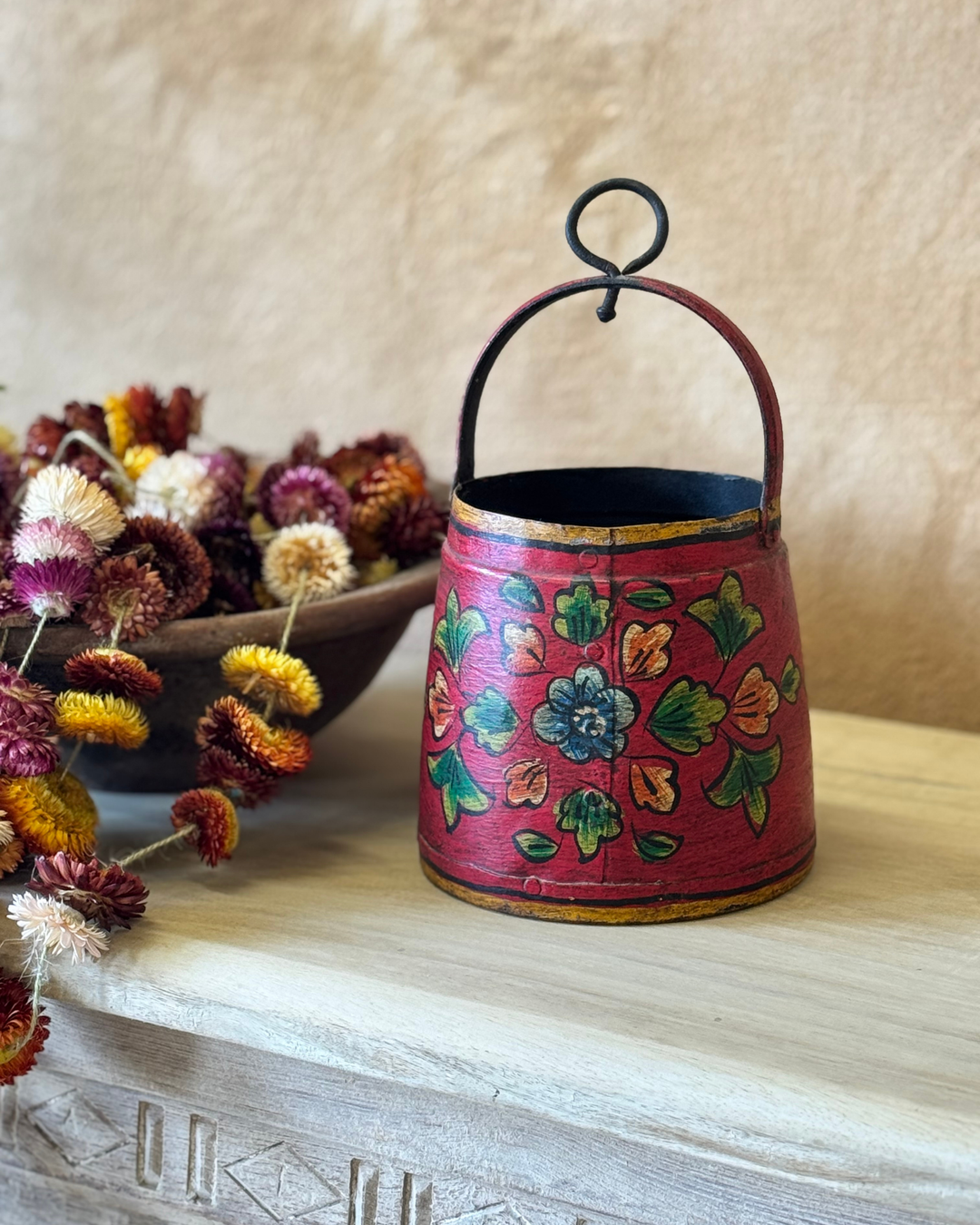 Hand-Painted Vintage Iron Pot – Reclaimed with Floral Motifs (Red or Green)