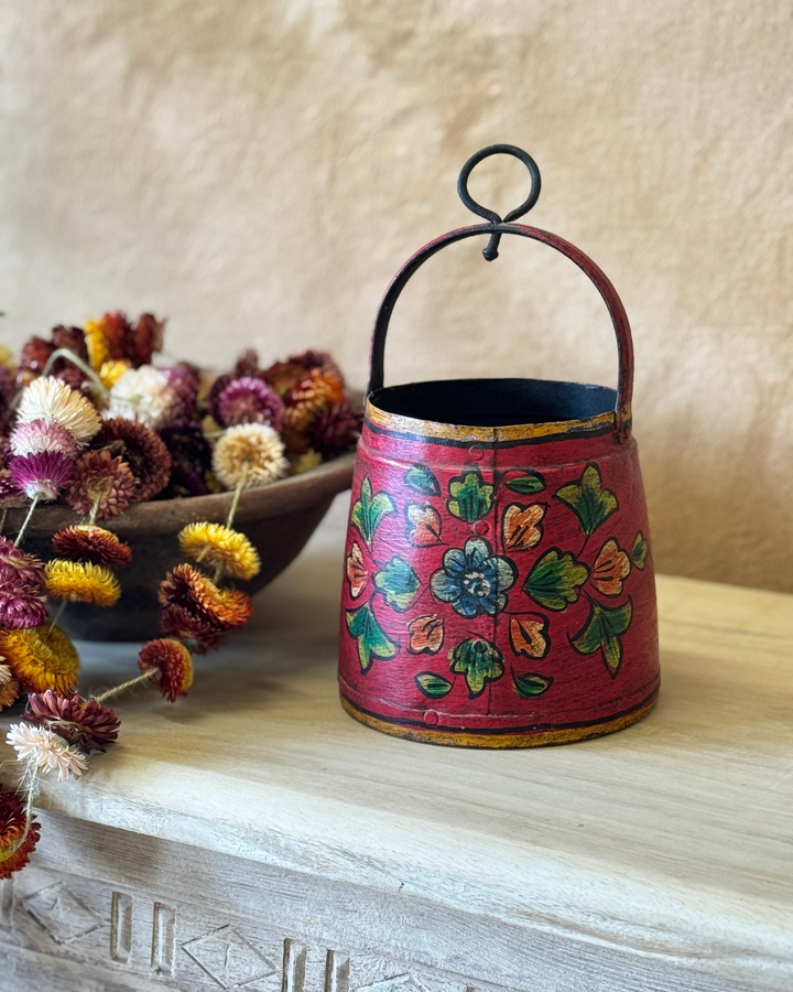 Hand-Painted Vintage Iron Pot – Reclaimed with Floral Motifs (Red or Green)