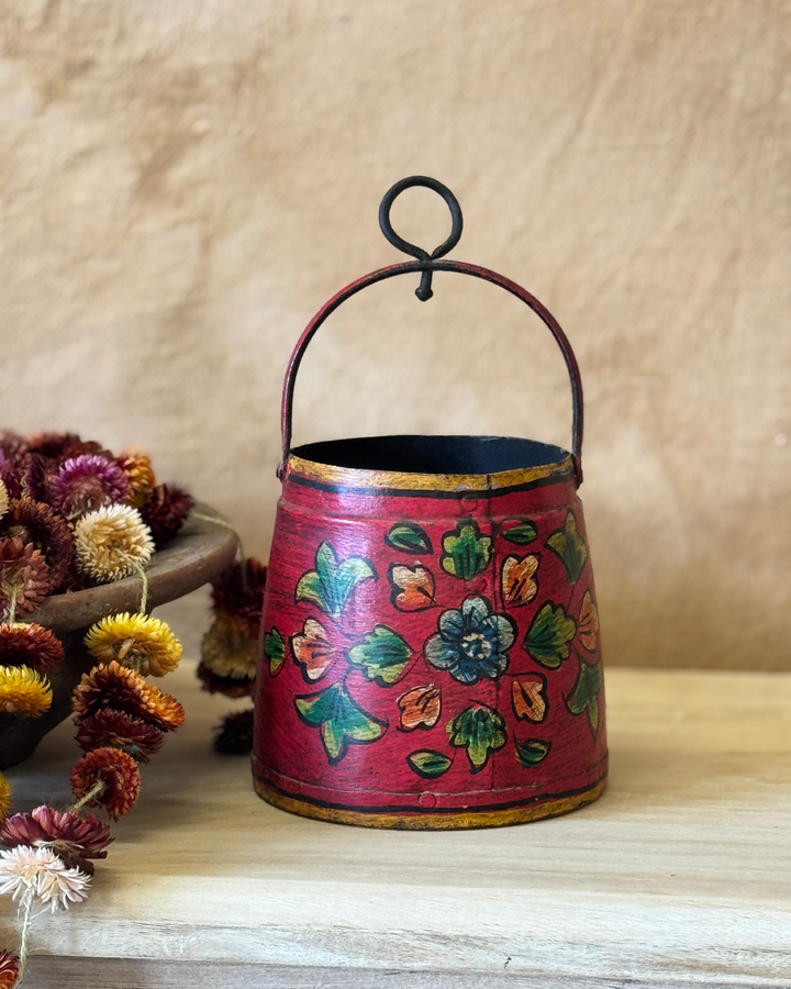 Hand-Painted Vintage Iron Pot – Reclaimed with Floral Motifs (Red or Green)