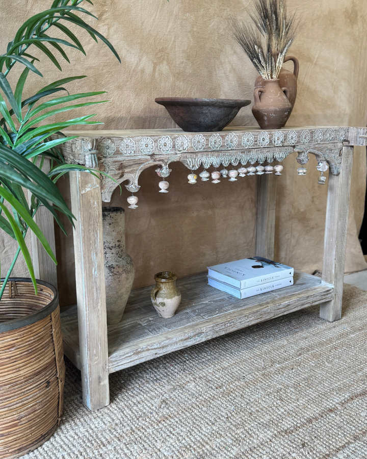 Vintage Reclaimed Mango Wood Console Table – Sunbleached Finish with Petal Carvings