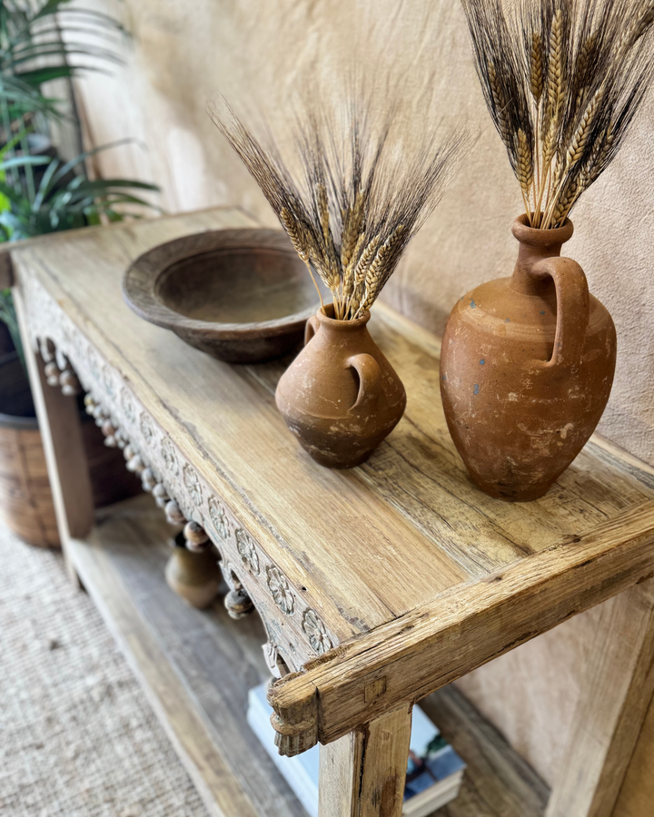 Vintage Reclaimed Mango Wood Console Table – Sunbleached Finish with Petal Carvings
