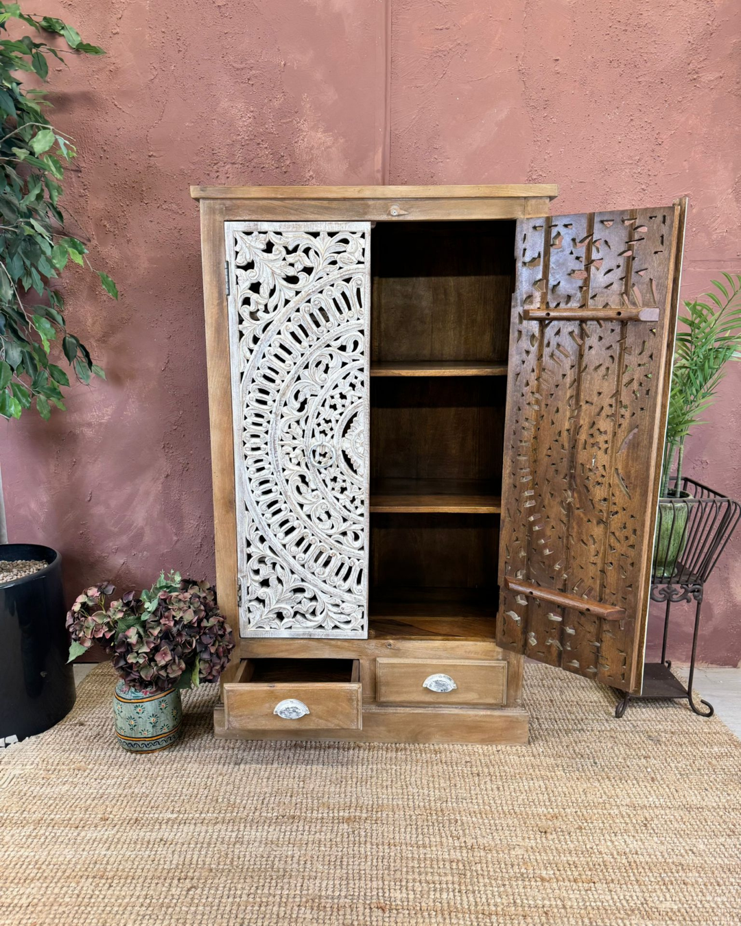 Hand-Carved Mango Wood 2-Door, 2-Drawer Cabinet with Whitewashed Detailing