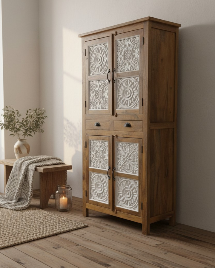 Mango Wood Four-Door Armoire – Whitewashed Carved Panels & Natural Polished Frame