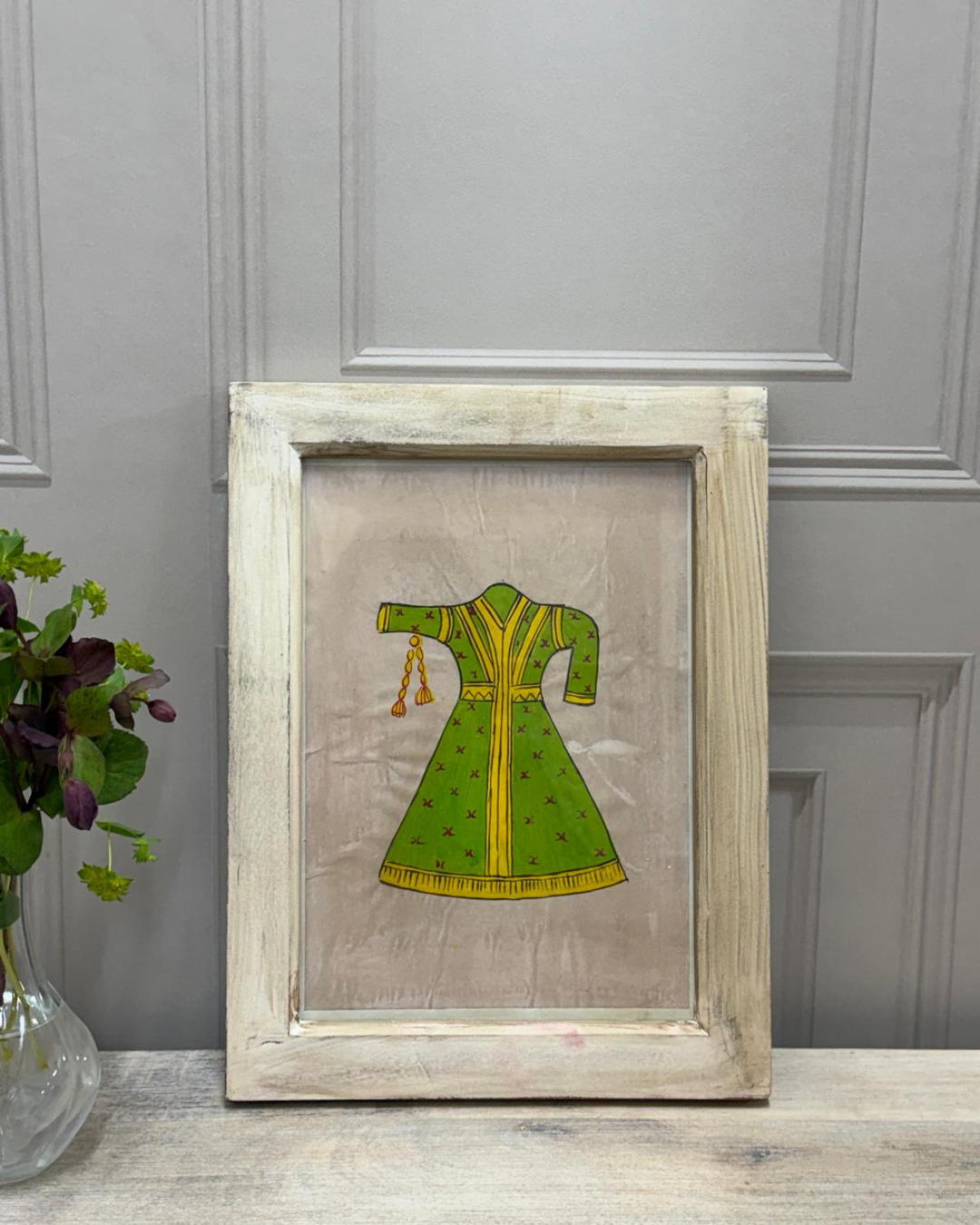 Vintage Mango Wood Framed Artwork – Hand-Painted Indian Costume