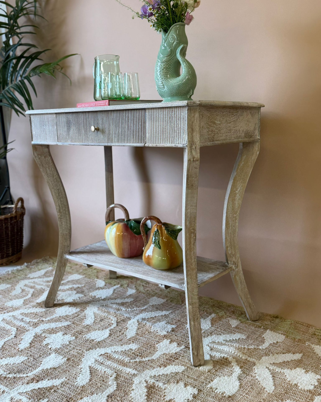 Lightly Whitewashed Mango Wood Console Table with Drawer and Shelf