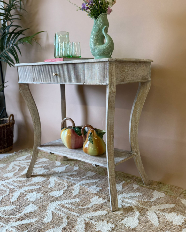 Lightly Whitewashed Mango Wood Console Table with Drawer and Shelf