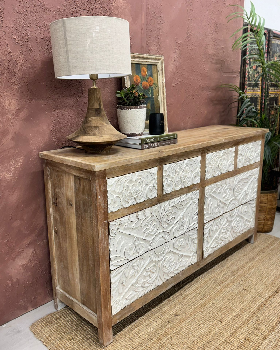 Hand-Carved Mango Wood Chest of Drawers – 8 Drawer Design with Whitewashed Drawers