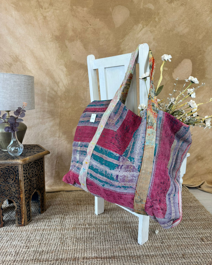 Handmade Upcycled Sari Tote Bag – Red & Multicolour Stripe | Multi-Purpose Everyday & Beach Bag