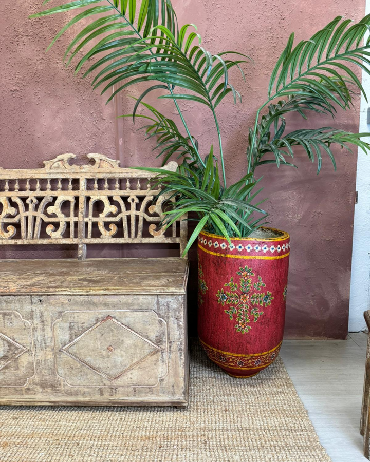 Hand-Painted Tall Red Planter with Floral Detailing