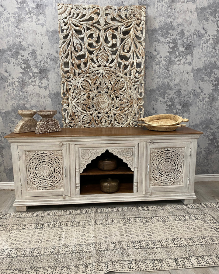 Hand Carved Mango Wood TV Console Table Unit
