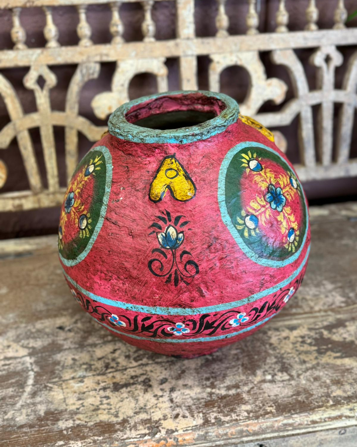 Hand-Painted Traditional Indian Papier-Mâché Decorative Pot